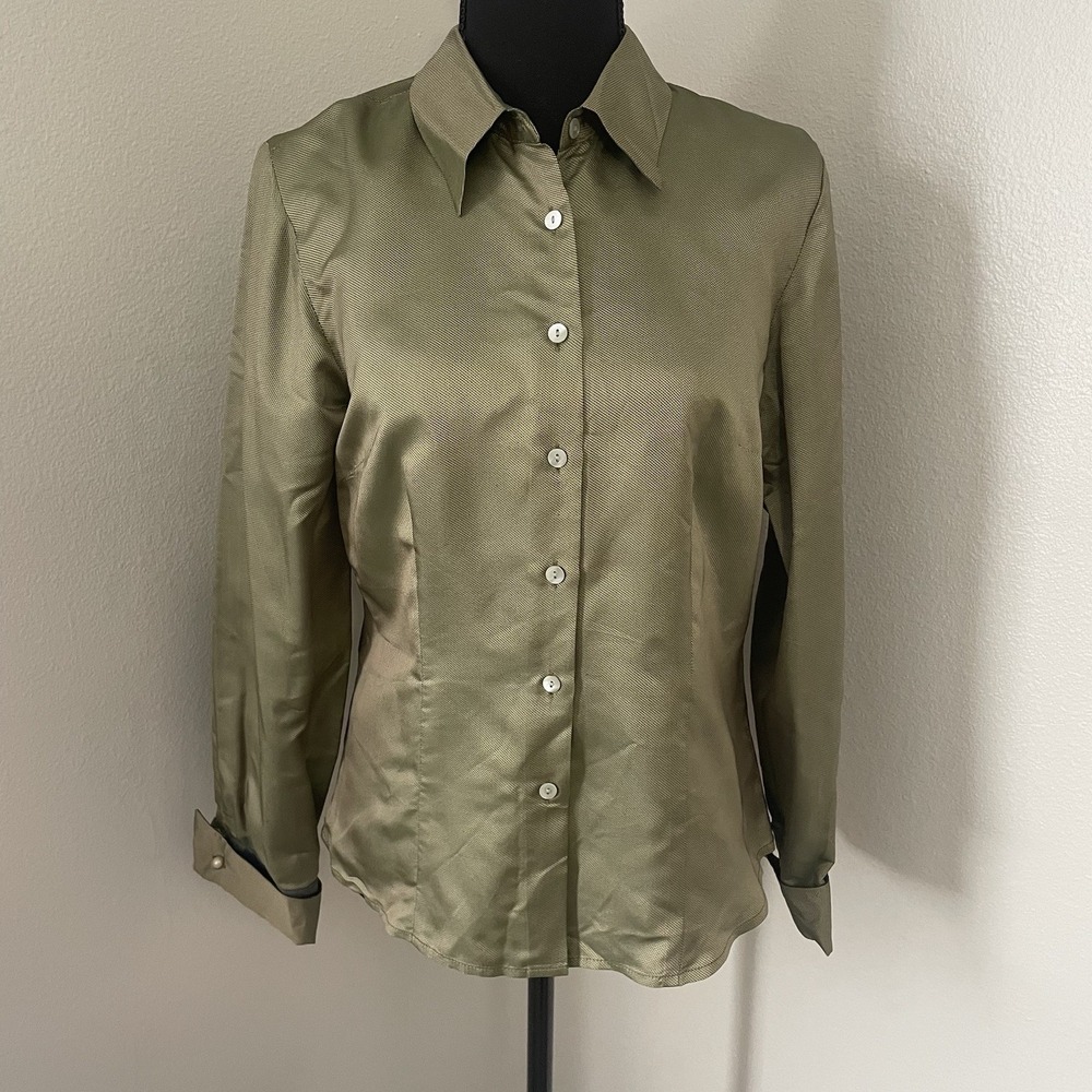 VTG ANN TAYLOR Sz 6‎ Green  Iridescent 100% Silk Button Up Shirt Blouse Preppy